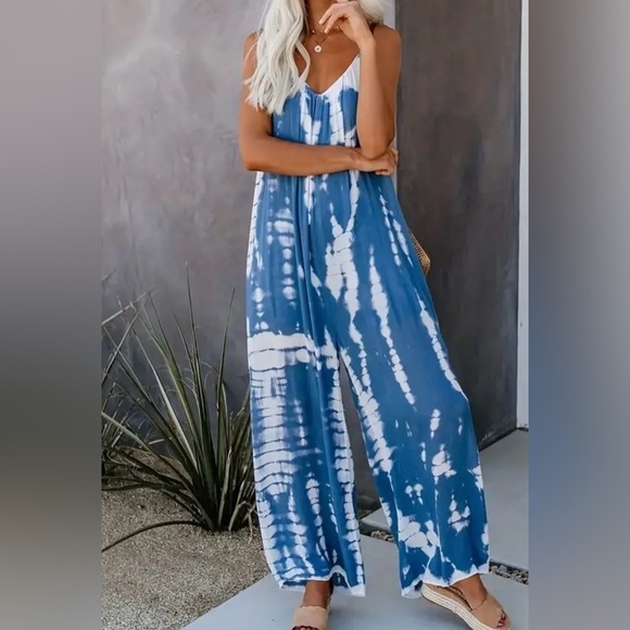 NIP Boho Tie Dye Print Cami V Neck Wide Leg Pocket Spaghetti Strap Jumpsuit S - Picture 1 of 13